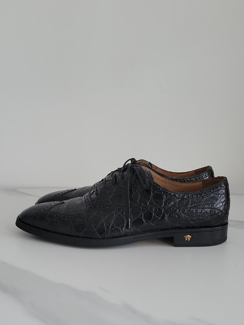 Versace Black Croc-Embossed Leather Derby Shoes